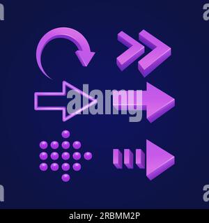 Sammlung verschiedener lilafarbener Pfeile auf dunklem Hintergrund. Pfeile in der 3D-Symbolgruppe, geeignet für Apps, Web, soziale Medien und Elemente Stock Vektor