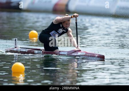 Lisa JAHN (KC Berlin), Gewinnerin, Goldmedaille, Action, Frauenkanu C1 Finale, Frauen, Kanu-Parallelsprint, Kanu-Wettbewerbe am 9. Juli 2023 in Duisburg/Deutschland die Finale 2023 Rhein-Ruhr von 06,07 bis 09.07.2023 Stockfoto