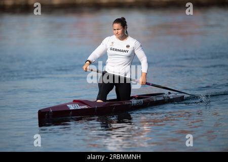 Lisa JAHN (KC Berlin), Gewinnerin, Goldmedaille, Action, Frauenkanu C1 Finale, Frauen, Kanu-Parallelsprint, Kanu-Wettbewerbe am 9. Juli 2023 in Duisburg/Deutschland die Finale 2023 Rhein-Ruhr von 06,07 bis 09.07.2023 Stockfoto