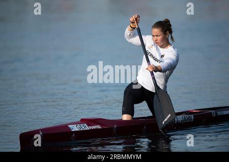 Lisa JAHN (KC Berlin), Gewinnerin, Goldmedaille, Action, Frauenkanu C1 Finale, Frauen, Kanu-Parallelsprint, Kanu-Wettbewerbe am 9. Juli 2023 in Duisburg/Deutschland die Finale 2023 Rhein-Ruhr von 06,07 bis 09.07.2023 Stockfoto