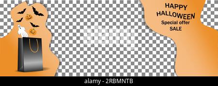 Horizontales breites Banner, Modell, Vorlage für Halloween-Verkauf und Werbung mit Platz für Text, Kopierbereich. Mit Geschenktasche und Fledermäusen Stock Vektor