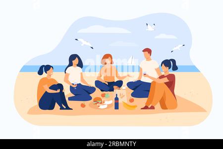 Glückliche Freunde, die am Strand sitzen Stock Vektor