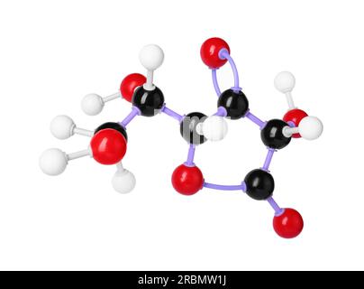 Molekül des auf weißem Boden isolierten Vitamin C. Chemisches Modell Stockfoto