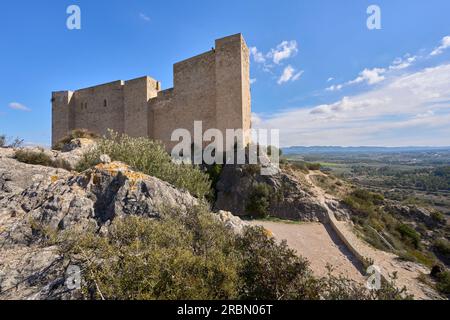 Dorf und Ritter Tempelburg von Miravet am Ufer des Flusses Ebro in Katalonien, Spanien Stockfoto