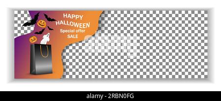 Horizontales breites Banner, Modell, Vorlage für Halloween-Verkauf und Werbung mit Platz für Text, Kopierbereich. Mit Geschenktasche und Fledermäusen Stock Vektor