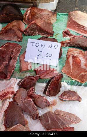 Auf einem Markt in Italien verkaufter frischer Thunfisch mit Tonno-Zeichen (Übersetzung: Thunfisch) und vertikalem Preis Stockfoto