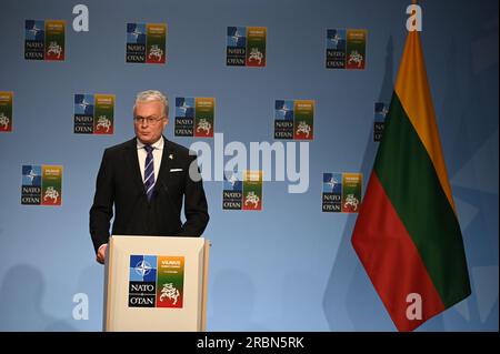 Vilnius, Litauen. 10. Juli 2023. Öffentliches Nato-Forum 2023. Litauischer Präsident Gitanas Nauseda während der Pressekonferenz. 10.07.2023 Litauen, Vilnius Foto: Alexi Witwicki/Sipa USA Kredit: SIPA USA/Alamy Live News Stockfoto