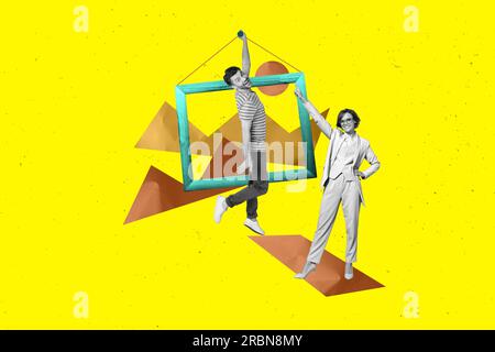 Picture Poster 3D Collage Image Magazine von glücklichen positiven Menschen dekorieren das Heim Haus Zimmer Hängerahmen isoliert auf gelbem Hintergrund Stockfoto