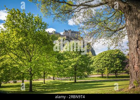 Blick von den Princes Street Gardens in Richtung Edinburgh Castle, Edinburgh, Stadt Edinburgh, Schottland, Großbritannien Stockfoto
