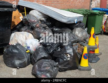 Slough, Berkshire, Großbritannien. 10. Juli 2023. Slough Borough Council hat kürzlich eine Änderung der Mülltonnen der Bewohner eingeführt, um die Bewohner zu ermutigen, mehr zu recyceln. Graue Abfallbehälter mit allgemeinen Abfällen, einschließlich Lebensmitteln, werden nun alle zwei Wochen anstatt einmal pro Woche gesammelt. Das Recycling erfolgt in roten Abfallbehältern, die in der abwechselnden Woche gesammelt werden. Obwohl es in Chalvey, Slough, einen kostenlosen Ratsheiztipp für Einwohner gibt, hat die Stadt bereits ein großes Problem mit Müll und Fliegenkippen. Kredit: Maureen McLean/Alamy Live News Stockfoto