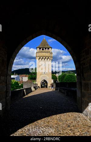 Frankreich, Lot (46), Cahors, die Valentré-Brücke, befestigte Brücke aus dem 14. Jahrhundert, UNESCO-Weltkulturerbe Stockfoto