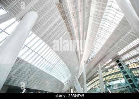 Hong Kong West Kowloon Station. Es ist die einzige Station in der Hong Kong-Abteilung und verbindet den China-Abschnitt über einen eigenen Tunnel mit dem chinesischen Festland Stockfoto