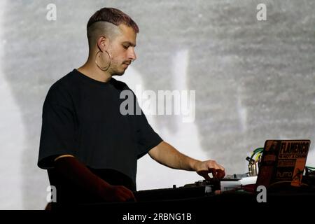 A Lluz, Orión E A Nova Lluz, Poetische Show, Miguel Rodríguez und Andrés Rodríguez, Santanyi, Mallorca, Balearen, Spanien. Stockfoto