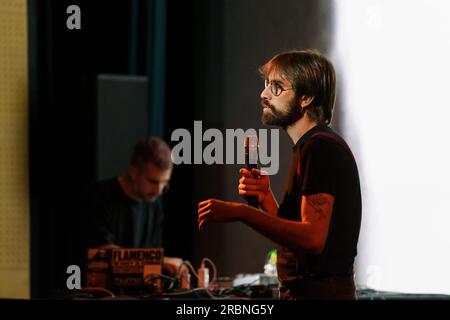 A Lluz, Orión E A Nova Lluz, Poetische Show, Miguel Rodríguez und Andrés Rodríguez, Santanyi, Mallorca, Balearen, Spanien. Stockfoto