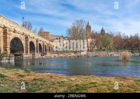 Skyline von Salamanca mit römischer Brücke, Kathedrale und Fluss Tormes - Salamanca, Spanien Stockfoto