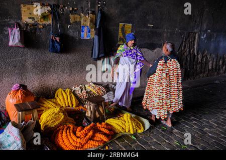 Inde, Bengale Occidental, Kalkutta (Kalkutta), le marche aux Fleurs de Mullik Ghat // Indien, Westbengalen, Kalkutta, Blumenmarkt Mullick Ghat Stockfoto