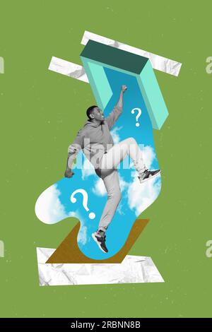 Poster 3D Collage Bild Plakat eines positiven fröhlichen Mannes Fliegen Wolken heben die Hand Faust Traum Erzielen Sie Erfolg isoliert auf grünem Hintergrund Stockfoto