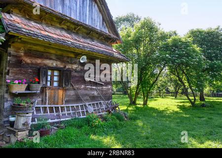 Traditionelles altes Holzhaus im Dorf Lonja. Lonjsko Polje Naturpark, Kroatien. Stockfoto