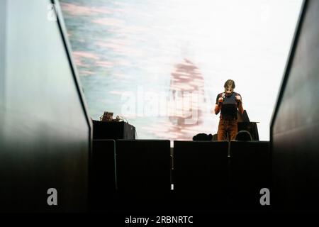 A Lluz, Orión E A Nova Lluz, Poetische Show, Miguel Rodríguez und Andrés Rodríguez, Santanyi, Mallorca, Balearen, Spanien. Stockfoto