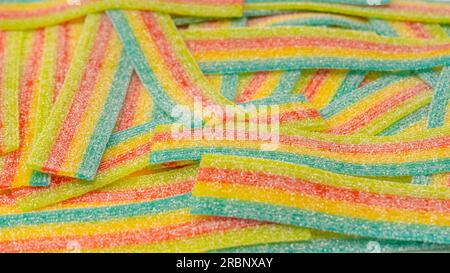 Bunte saftige Gummy Süßigkeiten Hintergrund. Draufsicht. Gelee-Süßigkeiten. Stockfoto