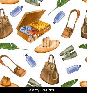 Nahtloses Muster zum Thema Reisen nach Afrika. Koffer mit Sachen, Palmenäste, Fernglas, Reisetasche, Sonnenhut. Alle Elemente werden von Hand gezeichnet Stockfoto