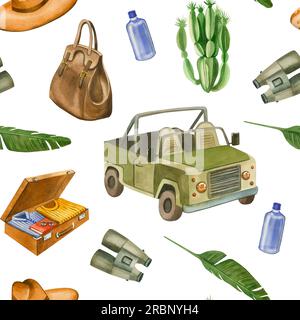 Nahtloses Muster zum Thema Reisen nach Afrika. Offenes Auto, Palmenzweige, Kaktus, Reisetasche, Sonnenhut. Alle Elemente werden von Hand in Aquarell gezeichnet Stockfoto