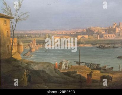 Detail mit den Ruinen der Pont Saint-bénezet aus einem Gemälde von Avignon von Claude-joseph Vernet. Die Aussicht ist vom rechten Ufer der Rhone in der Nähe der Tour Philippe-le-bel 1757 von Claude-Joseph Vernet Stockfoto