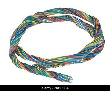Mehrfarbige Telekommunikationskabel, isoliert auf weißem Hintergrund Stockfoto