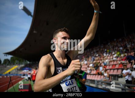 Kassel, Deutschland. 09. Juli 2023. Sieger Simon BATZ (MTG Mannheim), Langsprung-Finale für Männer, bei der deutschen Leichtathletik-Meisterschaft 2023 09.07.2023 ab 08,07. - 09.07.2023 in Kassel/Deutschland. Kredit: dpa/Alamy Live News Stockfoto