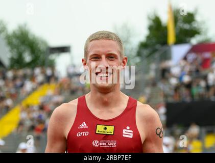 Kassel, Deutschland. 09. Juli 2023. Gewinner Manuel SANDERS (LG Olympia Dortmund): Finale 400m Männer bei 09.07.2023 deutschen Leichtathletikmeisterschaften 2023 ab 08,07. - 09.07.2023 in Kassel/Deutschland. Kredit: dpa/Alamy Live News Stockfoto