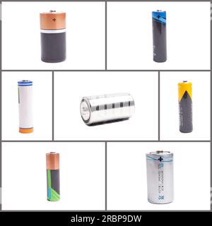 Batteriegruppe auf weißem Hintergrund isoliert, Collage. Englische Übersetzung: Salzbatterien (Aufschrift auf Russisch). Stockfoto