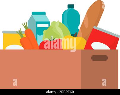 Pappkarton mit Lebensmitteln, Lebensmitteleinkauf und Lieferkonzept Stock Vektor