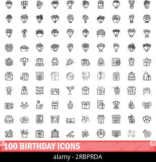 100 Geburtstagssymbole eingestellt. Skizzieren Sie die Darstellung von 100 Geburtstagssymbolen Vektorset isoliert auf weißem Hintergrund Stock Vektor