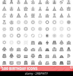 100 Geburtstagssymbole eingestellt. Skizzieren Sie die Darstellung von 100 Geburtstagssymbolen Vektorset isoliert auf weißem Hintergrund Stock Vektor