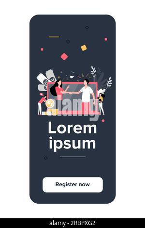 Zwei Geschäftspartner, die auf einem großen Notebook-Bildschirm die Hand schütteln Stock Vektor