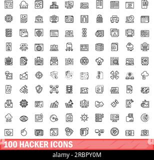 100 Hacker-Symbole eingestellt. Gliederungsdarstellung von 100 Hacker-Symbolen, Vektorsatz isoliert auf weißem Hintergrund Stock Vektor