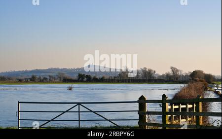 Glastonbury Tor im Winter mit Überschwemmungen im Vordergrund. Von Godney Stockfoto