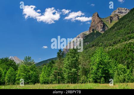Blick vom spanischen Grand Canyon im Ordesa Valley, Rio Arazas Valley, Ordesa Valley, Ordesa y Monte Perdido National Park, Ordesa, Huesca, Arago Stockfoto