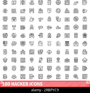 100 Hacker-Symbole eingestellt. Gliederungsdarstellung von 100 Hacker-Symbolen, Vektorsatz isoliert auf weißem Hintergrund Stock Vektor