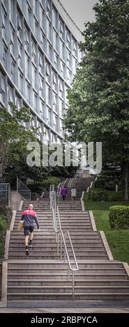 DPD-Liefermann klettert Kenyons Treppe bei Liverpool One, Thomas Steers Way, Liverpool L1 8LW Stockfoto