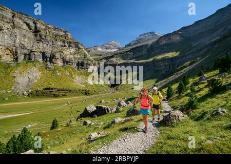Mann und Frau wandern auf Pfaden im Rio Arazas-Tal, Monte Perdido im Hintergrund, Rio Arazas, Ordesa-Tal, Ordesa y Monte Perdido-Nationalpark, Ordes Stockfoto