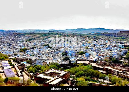 Indien, Radjastan, Jodhpur, die blaue Stadt, in der Thar Wüste, Blick vom Mogul-Sitz, Fort Mehrangarh, 12.-18. Jahrhundert. Stockfoto