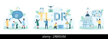 Vektordarstellung für fehlerhafte Kommunikationseinstellung. Zeichentrickfilme kleine Menschen stehen an der TLDR-Abkürzung, halten Mikrofon, Megafon und Lupe, um Jargon-Wörter und -Slang zu erforschen und zu verstehen Stock Vektor