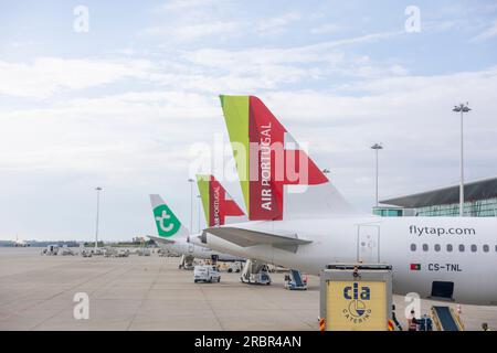 Porto, Portugal - 31.05.2023: Geschichte von zwei Flugzeugen von TAP - Air Portugal - im Flughafen Porto. TAP ist die portugiesische Flaggenfluggesellschaft. Stockfoto