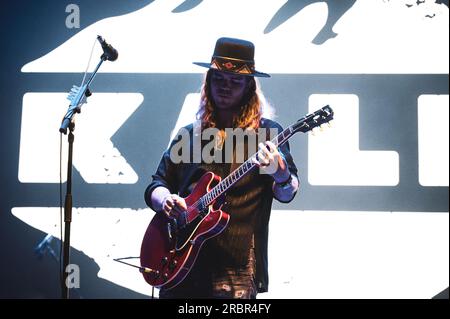 MADRID, MAD COOL FESTIVAL 2023, SPANIEN: Isländischer Musiker, Sänger, Songwriter Jökull Júlíusson von Kaleo, live auf der Bühne des Mad Cool Festivals 2023. Stockfoto