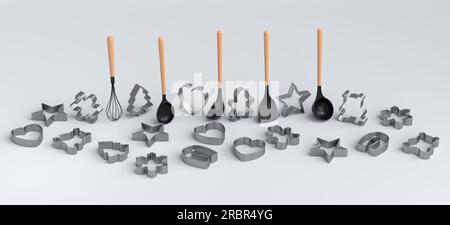 Set aus Plätzchenausstechern aus Metall und Küchenutensilien aus Holz auf weißem Hintergrund. 3D Wiedergabe von Küchengeräten und Zubehör für das Kochen Stockfoto