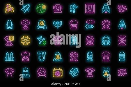 Atomwaffensymbole setzen Konturvektor. Militärschiff. Waffenboot Neonfarbe auf Schwarz Stock Vektor