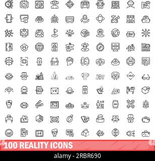 100 Reality Icons Set. Umrissdarstellung von 100-Realitätssymbolen, Vektorsatz isoliert auf weißem Hintergrund Stock Vektor