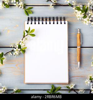 Öffnen Sie das Notizbuch mit leerer Seite und den Stift auf einem blauen Holztisch mit Kirschblüten. Draufsicht, flach liegend. Stockfoto