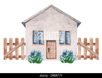 Ein Haus in Aquarellfarben mit einer Tür und Fenstern, einem gefliesten Dach, Treppen und Blumentöpfen. Gruppe von Elementen auf weißem Hintergrund. Illustration für Postkarten, Bücher Stockfoto